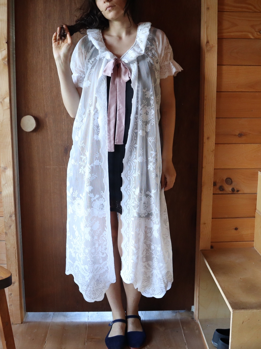 Upcycled Sheer White Lace Robe with Dusty Pink Satin Tie